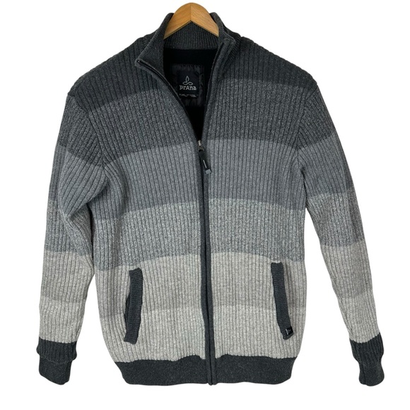 Prana Striped Mock Neck Cotton Wool Full Zip Sweater Jacket - Picture 1 of 9